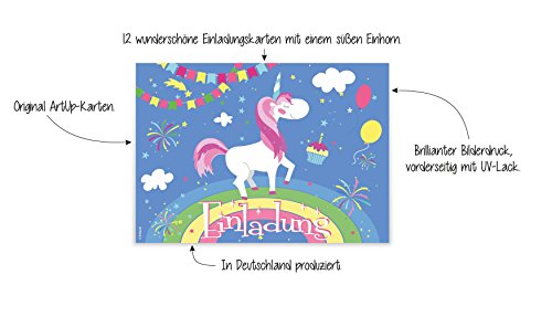 12 Einladungskarten „Einhorn auf Regenbogen“ Kindergeburtstag Luftballons Girlanden Sterne / Geburtstagseinladungen Einladungen Geburtstag Kinder Jungen Mädchen Einladungstext Vorlagen Karten Set - 3
