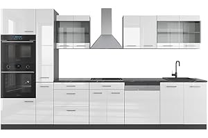 Vicco Mueble de Cocina R-Line, Blanco Brillo/Antracita, 350 cm con Armario Alto, ET Antracita