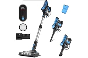 TASVAC Aspirapolvere Senza Fili, 28 kPa Scopa Elettrica Potente con Display Touch, 6 in 1 Senza Sacco, Autonomia 50 Minuti, Fari a LED, Per Peli Animali/Tappeti A1