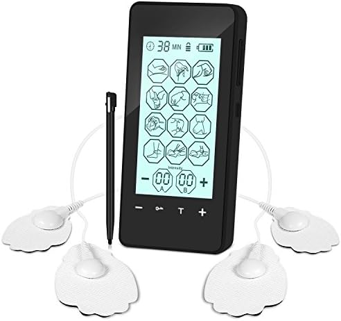 WAITIEE Electronic Pulse Massager, Rechargeable Touch Screen TENS Machine for Pain Relief, Dual Channel Muscle Stimulator for Body Relaxation,12 Massage Modes and 8 Pads (Black)