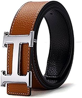 Hot Sell Fashion Men's Women Belts Couple Leather"H" Buckle Waist Belt Waistband (Soil Yellow Silver Buckle, (35-37)115cm)