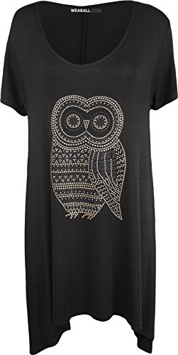 WearAll - Mujeres Tallas Grandes Manga Corta Pañuelo Dobladillo Búho Diamante Tachonado Top - Negro - 54-56