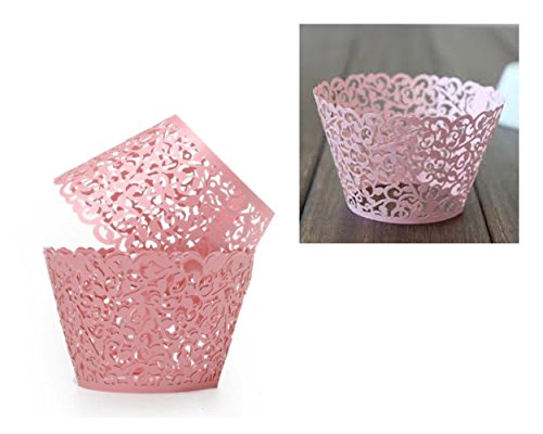 DSstyles Packung mit 50 Laser Geschnittenen Papier Rebe Filigrane Cupcake Wrappers Cupcake Inhaber Muffin Wrapper Backen Tassen Kuchen Dekoration Supplies – Rosa - 4
