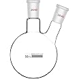 FZN 2 Neck Round 50 ML Bottom Boiling Flask with 24/40 Center & Side Joints Angled Receiving Reflux Flask Multi Neck Apparatus Organic Chemistry Lab Glassware