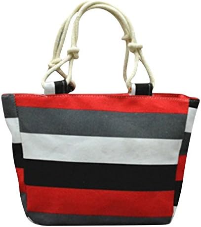 GetThatBag© Womens Large Canvas Bright Beach Tote Shopper Handbag - Bold Yellow Blue Pink Red Purple Grey Brown Green Black Floral Stripes Circles Chevron (Grey Red Stripes)