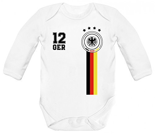 Fußball WM EM Strampler Bio Baumwoll Baby Body langarm Jungen Mädchen 12. Mann Deutschland Trikot, Größe: 12 – 18 Monate,White