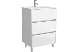 SALGAR Conjunto Mueble baño 60 cm con Lavabo 100% montado de fábrica | Modelo Arenys color Blanco lacado Brillo a suelo 3 cajones cierre amortiguado con Lavabo porcelana blanca | Tiradores tipo uñero