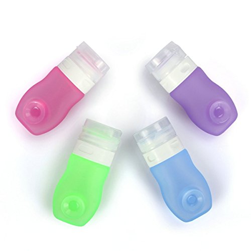 Pure Vie® Silikon Reise Flaschen Set mit Kulturbeutel – 4 Stück / 37ml – Farbige Fläschchen mit Saugnapf und Transparenter Flugzeug Kulturtasche für Handgepäck, Kein Auslaufen, Kosmetiktasche mit Reiseflaschen für Shampoo, Creme, Spülung und Körperpflege - 2