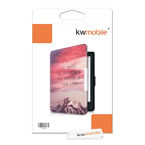kwmobile Hülle für Amazon Kindle (8. Generation) – Flipcover Case eReader Schutzhülle – Bookstyle Klapphülle Be Happy Design Rosa Violett Koralle - 7