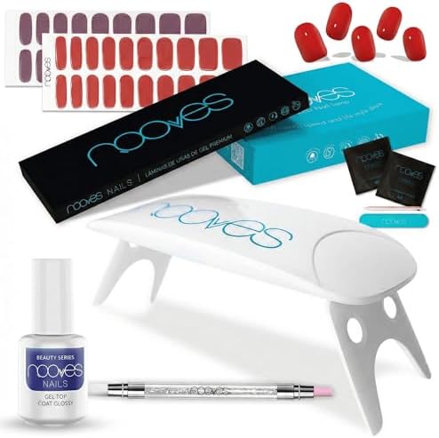 NOOVES - Starter Kit Beauty Red, 2 pellicole in gel per unghie + lampada per asciugatura unghie UV/LED + gel top coat glossy + quarzo doppio stick, unghie gel semi-curate premium, manicure, gel nail