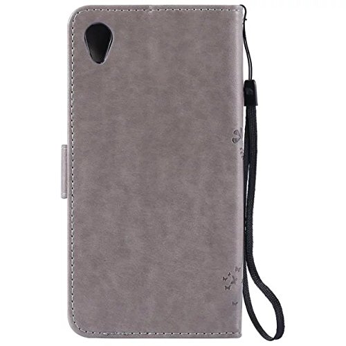 Cozy Hut [New Style] Sony Xperia M4 Aqua Hülle in Katze und Baum muster seitlich aufklappbare Schutzhülle / integrierte Kartenfächer / Klapptasche Etui Wallet Stil Handy Tasche – grau - 2