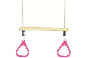 Rebo® Children’s Gymnastic Trapeze Bar with Gym Rings - Pink | OutdoorToys | Wooden and Plastic Replacement Trapeze Set for Kids Swing Sets and Climbing Frames
