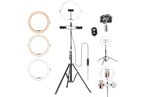 K&F Concept 11” Zoll Ringlicht 200cm Ringlampe mit Stativ/ 3 Phones& Mic/ 3 Color Modes/ 2700K to 5500K Helligkeit LED Selfi Licht Ringleuchte für Live-Streaming Bluetooth Fernbedienung Ausleuchtung