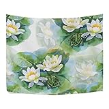 Watercolor blanco water-lilly flores patrón de sin costuras con rana poliéster decoración...