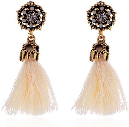 Quistal Fashion Women Rhinestones Tassel Dangle Hook Beads Earring Bohemia Charm Jewelry (Beige)