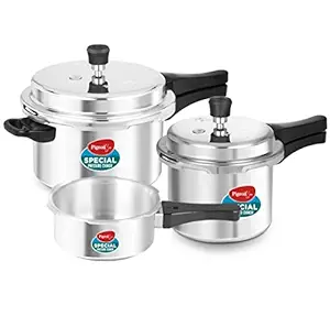 Pigeon by Stovekraft Aluminium Pressure Cooker Combo with Non-Induction Base Outer Lid - 2 L, 3 L, 5 L - 12735 (Silver)