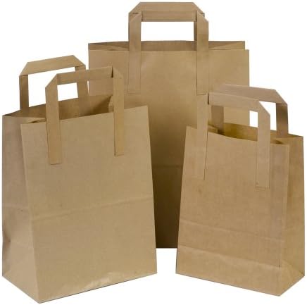 500x Brown Paper Carrier Bags with Flat Handles - 22cm x 26cm x 11cm