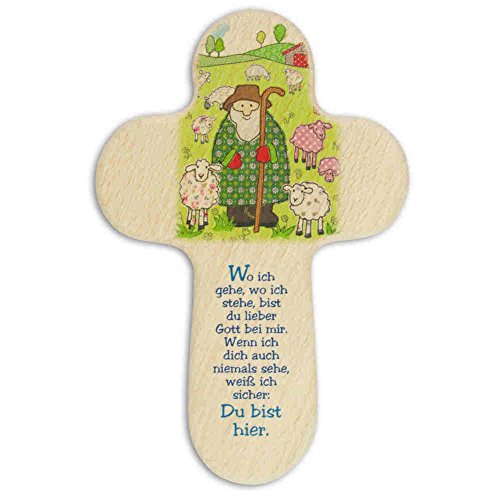 kruzifix24 Devotionalien Kinderkreuz Hirte umgeben mit Schafe/Schäfchen & Text Holz - Taufkreuz Geburt 16 x 10,5 cm