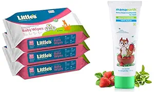 Little's Soft Cleansing Baby Wipes with Aloe Vera, Jojoba Oil and Vitamin E (80 wipes) pack of 3 and Mamaearth 100% Natural Berry Blast Kids Toothpaste 50 Gm, Fluoride Free