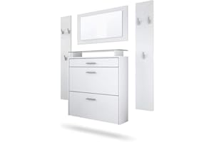 Vladon Garderobe Malea, Garderobenset bestehend aus 1 Hängeschuhschrank, 1 Wandspiegel und 2 Garderobenpaneele, Weiß matt/Weiß matt