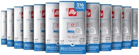 illy, Caffè in Cialde E.S.E Monodose Tostato DECAFFEINATO, 100% Arabica, Senza Caffeina, Gusto Morbido e Vellutato, 12 Confezioni da 18 Cialde Compostabili