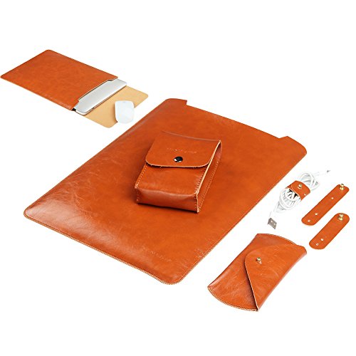 GENORTH® Weiche Hülle Leder Tasche für MacBook Air &Macbook Pro 13.3 Wasserdicht mit Schutz Tasche für Maus und Netzteil (13 Zoll, Braun)