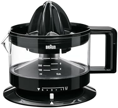 Braun CJ3000BK Spremiagrumi, rotazione a destra e sinistra, avvio e arresto automatici, base antiscivolo, vano portacavo, capacità caraffa 350ml con misuratore graduato, pratico beccuccio, 20w, Nero
