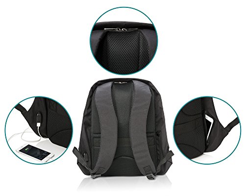 Anti Diebstahl Laptop Rucksack 14, 15,6 17 Zoll schwarz, allpremio DESIGN Swiss | stoßfest + schnittfest aus Polyester, komfortabel leicht mit versteckten Fächern und Taschen | integrierter USB-Port für Powerbank, Smartphone oder Notebook | elegant für Herren und Damen, modern für Studenten, Schüler und Kinder | als Tasche für die Arbeit oder zur SICHERHEIT in der Stadt, oder auf der Reise beim Citytrip | mit in der Dunkelheit reflektierende Applikation - 4