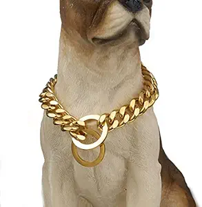 Emily Pets Dog Gold Chain Collar 18K Gold Plated Stainless Steel Cuban Curb Link Chain Necklace for Walking Training Collars for Small Medium and Large Dogs (Length:31 inch)