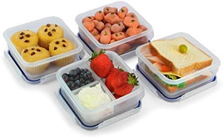 Popit! Square Food Container Meal Prep Set 4 x 2.4 Cup Containers + 3 Divisions Included, BPA Free, FDA Approved, 100% Leak Proof, Microwave, Freezer, Dishwasher Safe, by Popit!