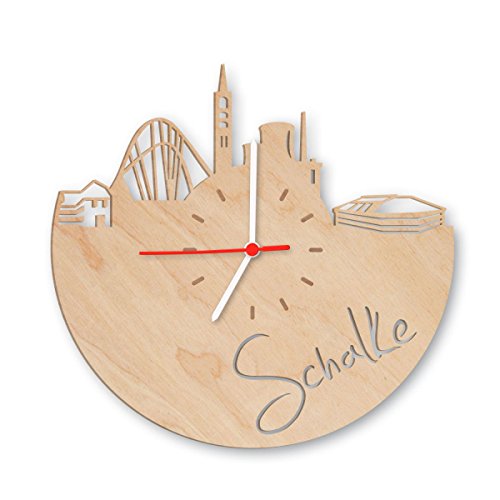 Skyline Schalke Wanduhr aus Birken-Holz Made in Germany Design Uhr aus Echtholz Wand-Deko aus Birke Originelle Wand-Uhr Moderne Wand-Uhr im Skyline Design Wand-Dekoration aus Natur-Holz