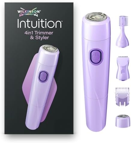Wilkinson Sword Intuition 4in1 regolatore e regolatore peli viso e corpo donna, rasoio elettrico multizona da donna con 4 accessori, astuccio, spazzolina per la pulizia e 1 batteria AA