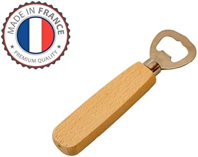 Bottle opener with solid beech wood handle, made in France, formidable and easy with all beer lids, sodas and other drinks, both in the bar and at home.