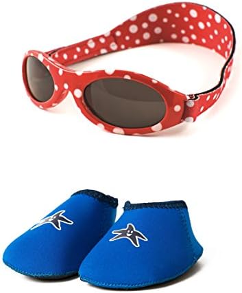 Yoccoes Baby Gift Pack BabyBanz Red Polka Dot Sunglasses and Blue Shore Feet Baby Shoes Age 0-24 Months Combo Pack (S, 6-12 Months, Shoe Size UK C2-3.5, EU 18-19.5)