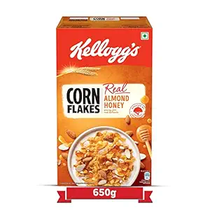 Kelloggs Corn Flakes Real Almond Honey | Breakfast Cereals | High in Vitamin B1, B2, B3, B6 & C| High in Iron | Naturally Cholesterol Free | 650g Pack