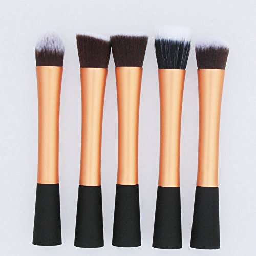 Tailcas® Professional Fashionable 5 pcs Makeup Aluminum Brush Kit Foundation Flat Head Brush, Conical Foundation Brush, Round Brush, Flat Brush and Angle Foundation Makeup Brushes Set, Especially Designed for Girls / Teens / Women / Ladies - (Gold)