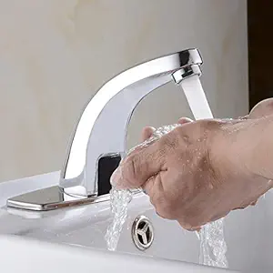 BATH GURU Brass Touchless Sensor Bathroom Sink Faucet Tap, Silver, Chrome finish