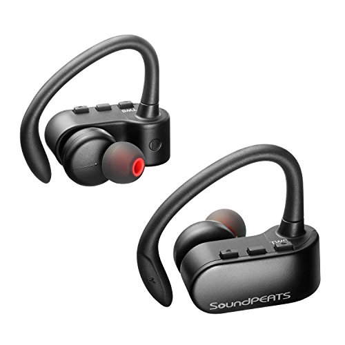 SoundPEATS Q16- Auriculares inal  mbricos con Bluetooth sin cables V4 2  modo est  reo y cascos deportivos con micr  fono y base de carga para correr y hacer ejercicio  color negro