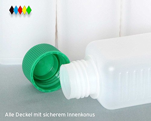 10 x 100 ml Kunststoffflaschen, Plastikflaschen aus HDPE mit unterschiedlich farbigen Deckeln in schwarz, blau, rot, gelb und grün - 2