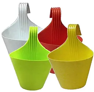 Deehome Multicolor Plastic Hanging Flower Pots/Railing Hook Pots Set for Home Garden Balcony Railings - Pack of 4 (Multicolor)