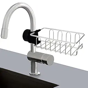 Kurtzy 304 Stainless Steel Kitchen Faucet Soap Sponge Holder Dish Drain Rack for Sink Caddy Tap Organizer-22.5 x 10.8 x 5.6 cm - Silver