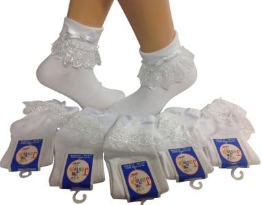 OVIFMGirls & Baby 6 Pairs of white frilly laced top ankle socks Fancy Bow Beaded centre. by Jester (12-3 UK shoe Child, White)