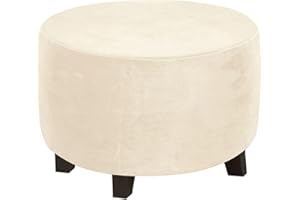 Highdi Funda Otomana Redonda de Tejido Terciopelo Lujo, Funda de Reposapiés de Sofá, Funda para Taburete Elástica Extraíble Lavable Protector de Puff con Parte Inferior Elástica (Crema,S)