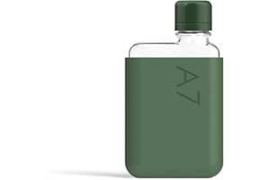 memobottle Set formato A7 (verde muschio), 180 ml, bottiglia, custodia in silicone e coperchio, bottiglia piatta compatta per borse e tasche, Tritan senza BPA, moderna e minimalista, per palestra,