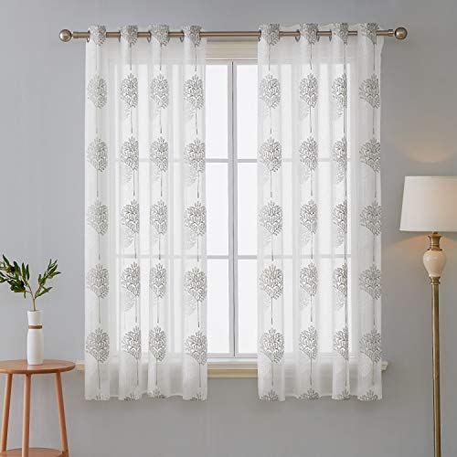 Deconovo Visillo Lino Efecto para Ventana Cortina Translúsida para Niños 2 Piezas 140 x 180 cm Beige Árboles