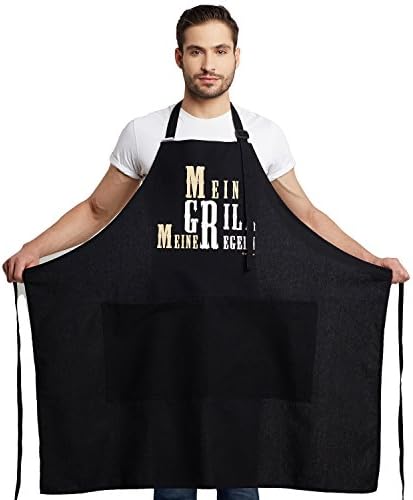 Inhoma Grill Apron, printed: “Mein Grill meine Regeln”, "My Grill My Rules Black” German | 100% Cotton | BBQ Apron with Handy Pockets &amp; Adjustable Neck Strap Extra Large 1x1m | Gift for Him. With Message