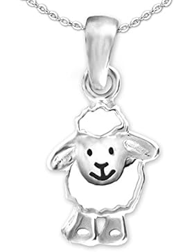 CLEVER SCHMUCK Silberner kleiner Anhänger Schaf lustig lachendes Gesicht weiß und schwarz lackiert glänzend sowie...