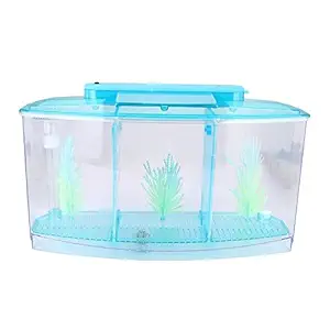 Three Areas Transparent Fish Tank, Breeding Fish Tank, Desktop Acrylic for Betta for Small Fishes with LED Light with Water Change Valve(Blue)