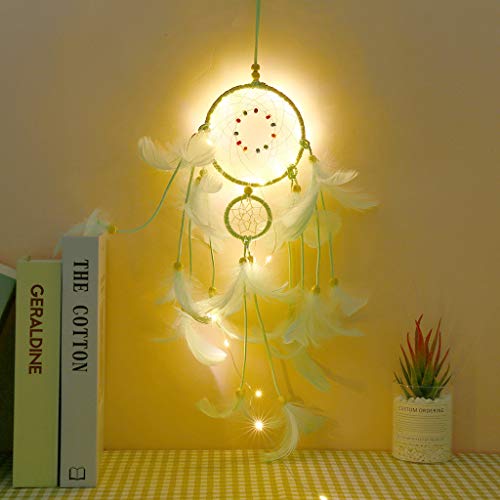Preisvergleich Produktbild bloatboy Feder Dream Catcher mit 20 LED-Leuchten, Handgemachte Traumfänger Anhänger Lichterkette, Girl Nachtlicht Raumdekoration Room Home Decor Anhänger (Grün)