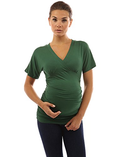 PattyBoutik Mama V Neck Crossover Empire Waist Short Sleeve Ruched Maternity Top (Green 8/10)